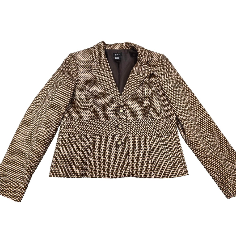 Y2K‎ RQT Blazer Womens 12 Brown Houndstooth 3 Button Lined Career Office Jacket